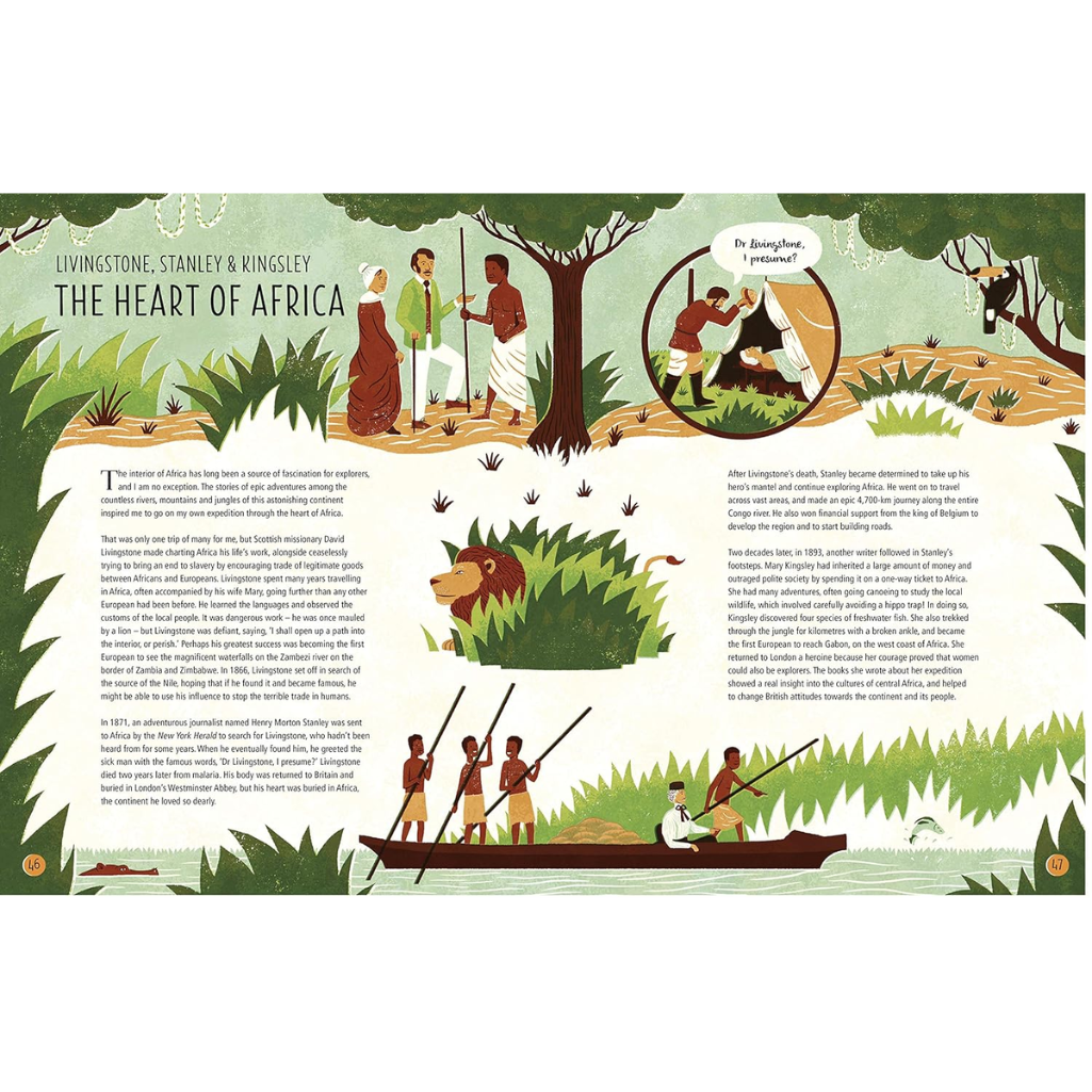 Illustrated book page from 'The Heart of Africa' with scenes of people in a forest and on a river.