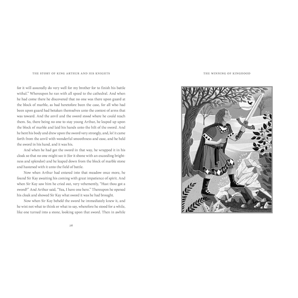 Page from a book with text and an illustration of a warrior in a forest.