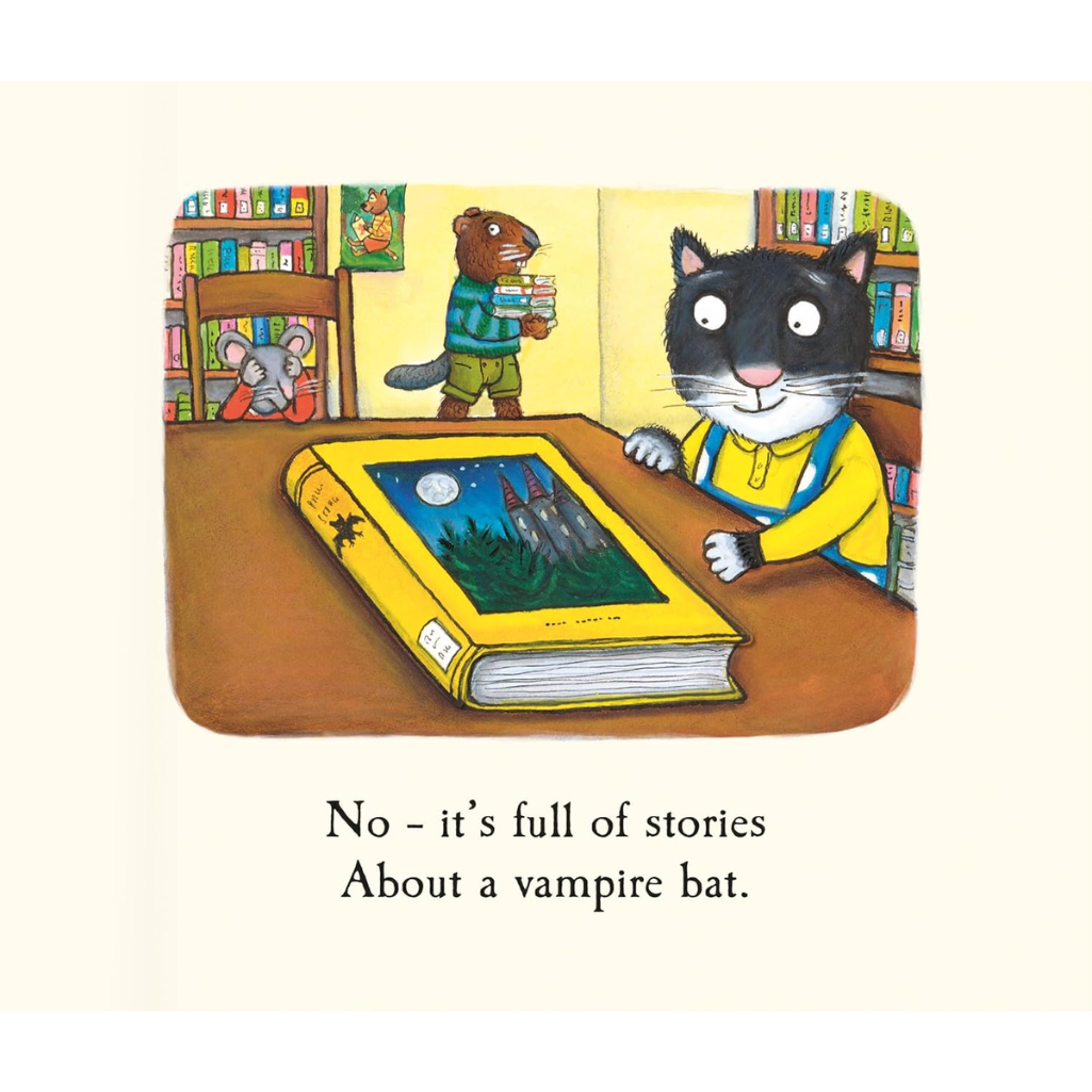 Illustration of a cat and mouse with a book titled 'No - it's full of stories About a vampire bat.'