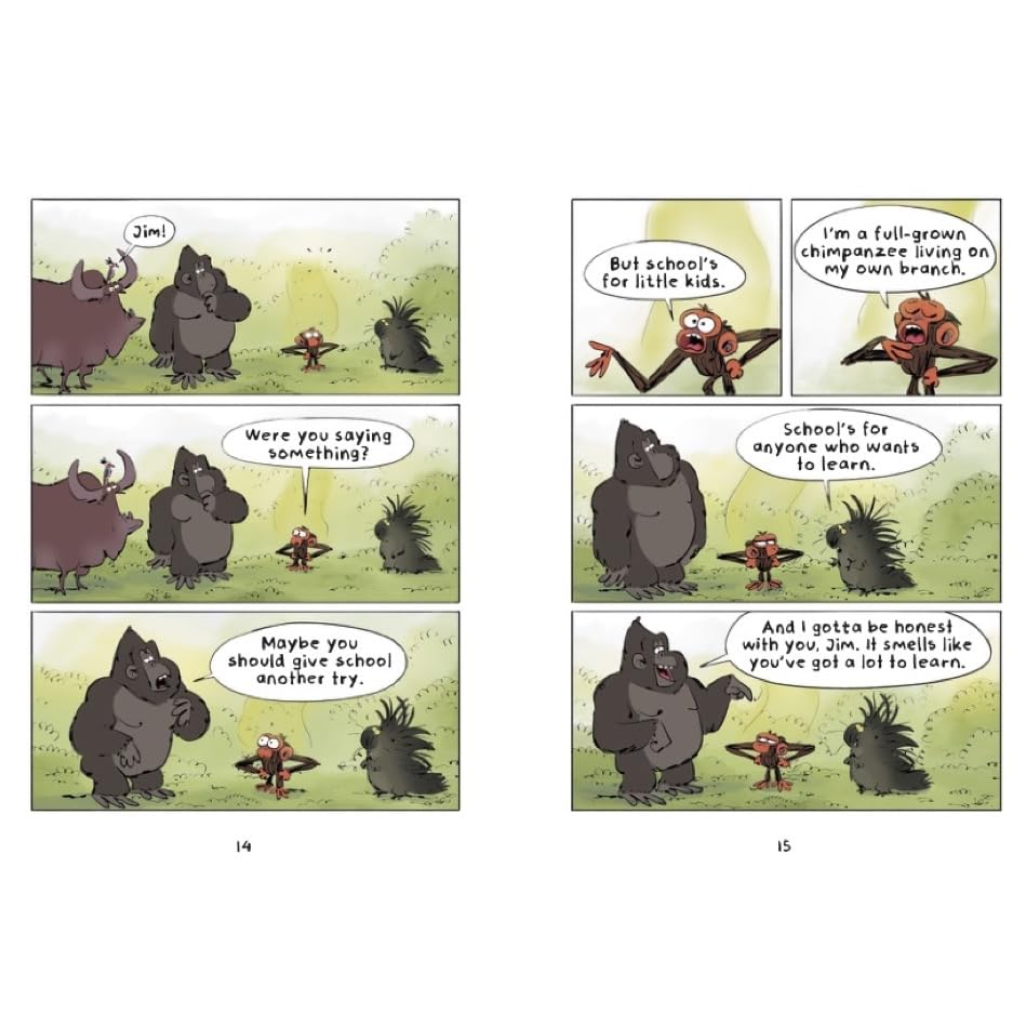 Comic strip with cartoon characters discussing school and learning.