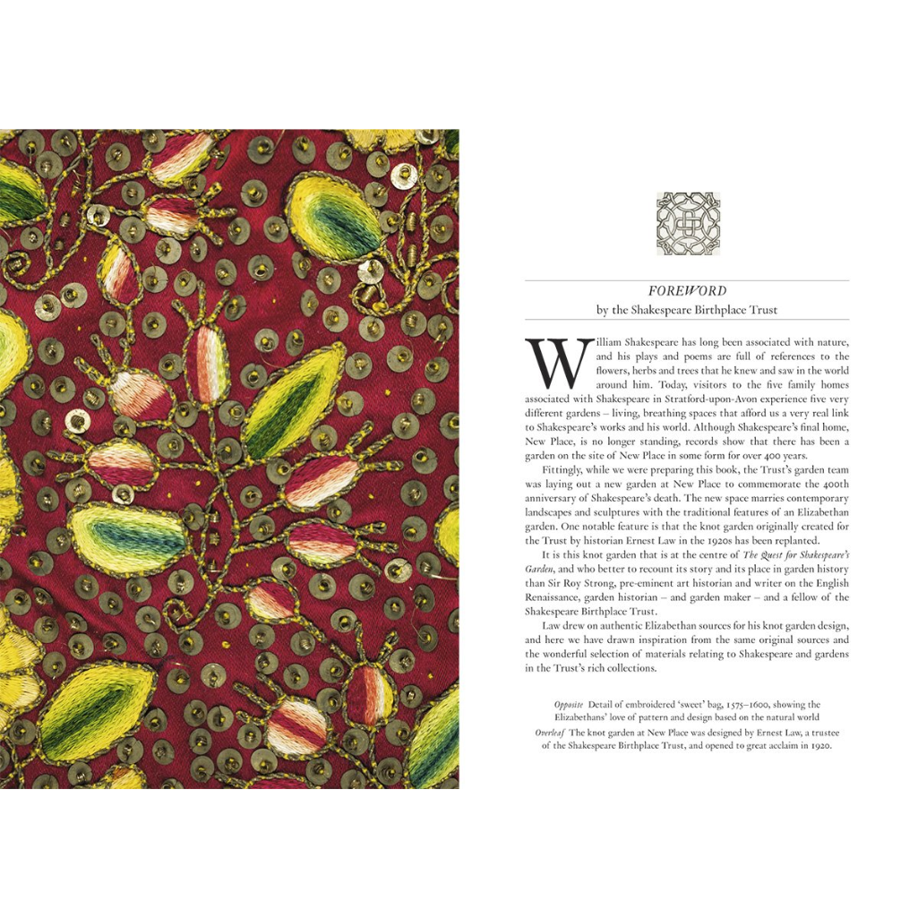 Book page with botanical pattern and text on a white background