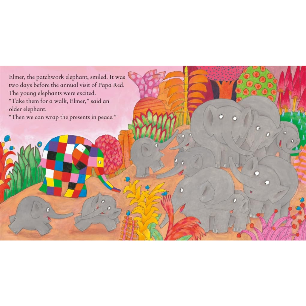 Illustration of elephants in a colorful jungle setting with text.