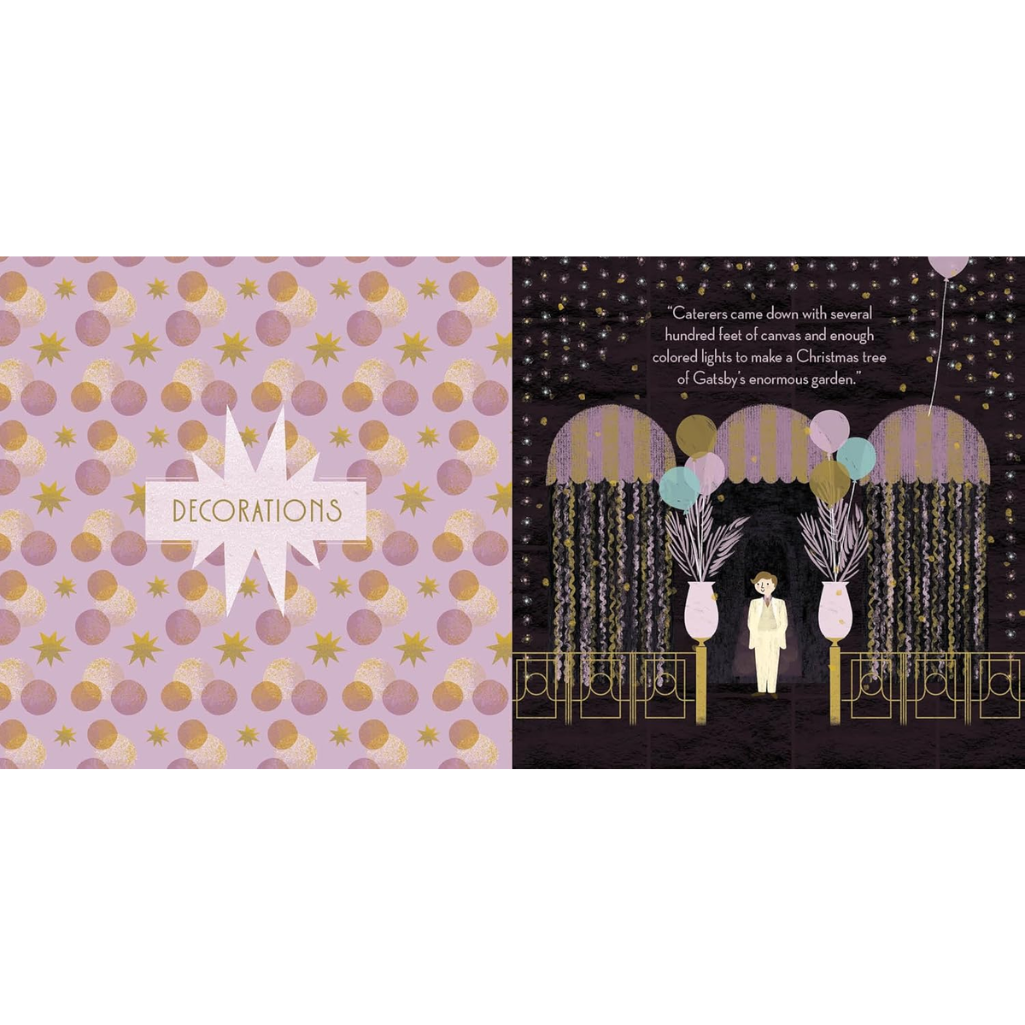 Decorative card with polka dot pattern and illustration of a garden scene with lights.