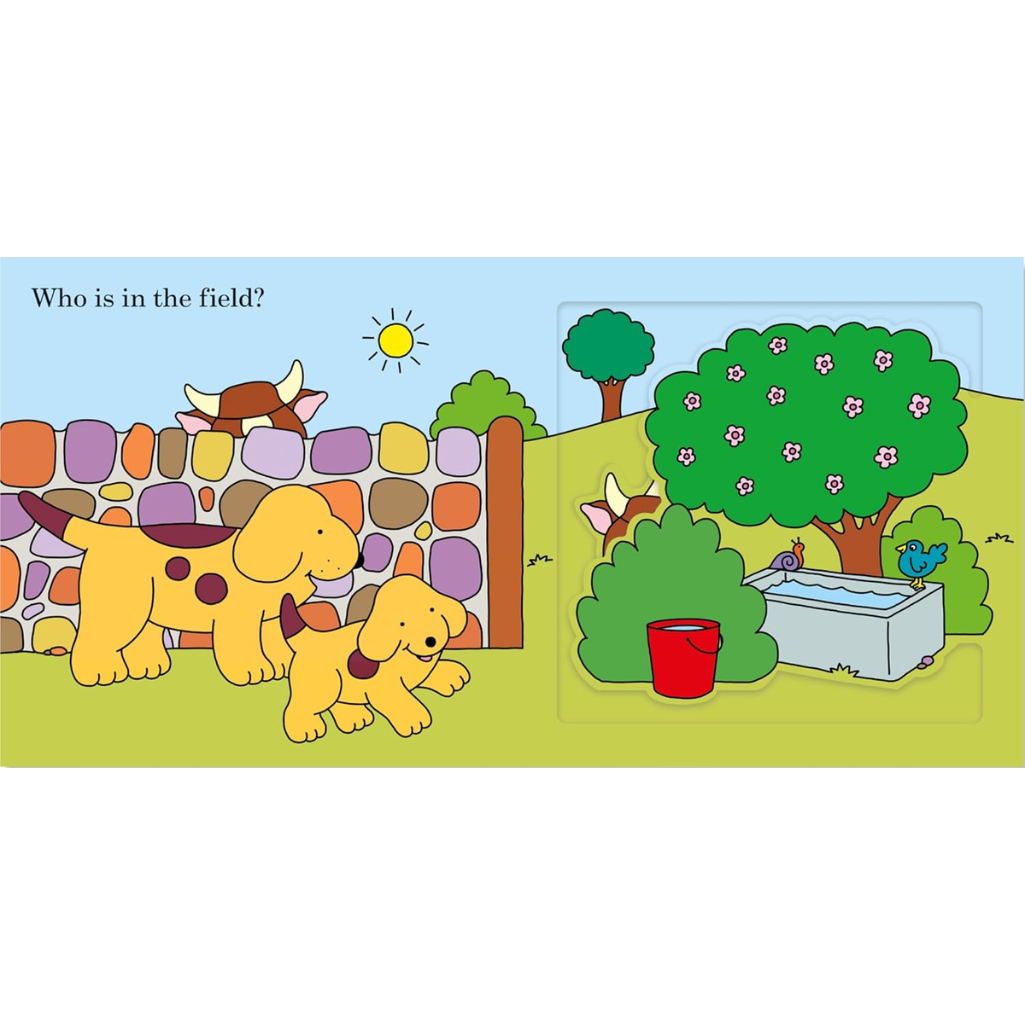 Cartoon scene with two dogs near a fence and trees, asking 'Who is in the field?'.