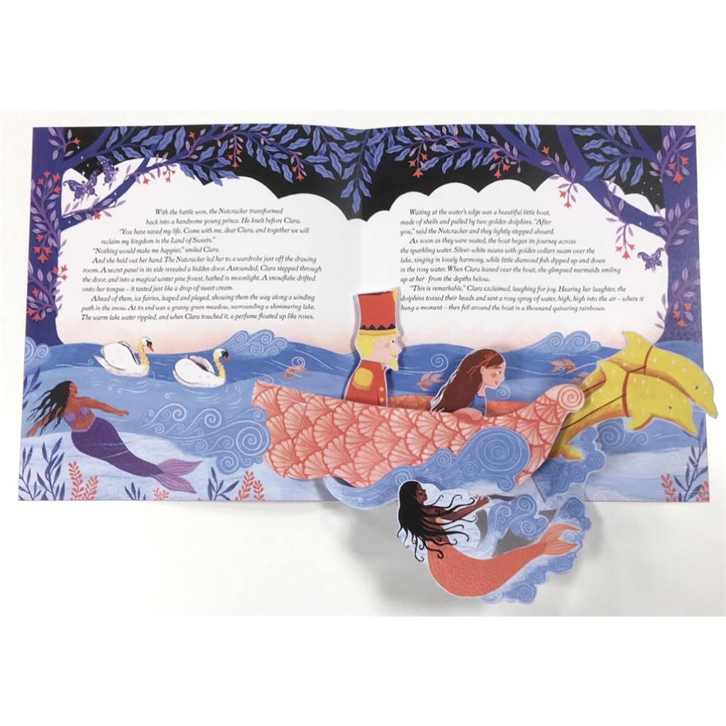 Illustrated scene with mermaids and a ship on a decorative card