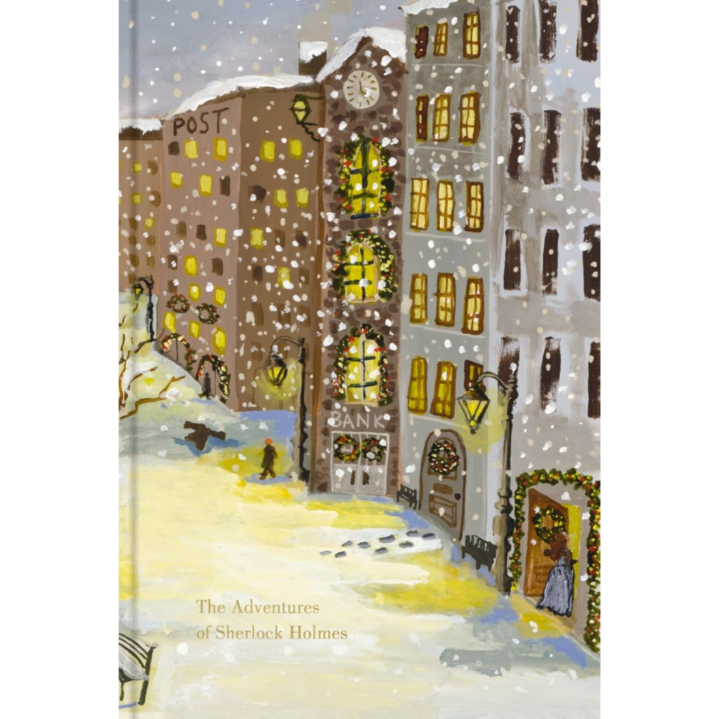 Book cover of 'The Adventures of Sherlock Holmes' with a snowy city street illustration.