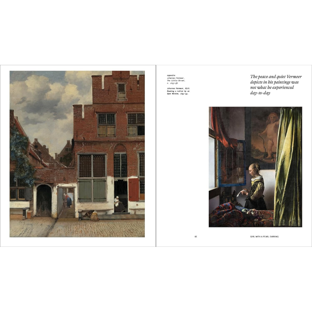 Book open to a page with two paintings by Vermeer, one on the left and one on the right.