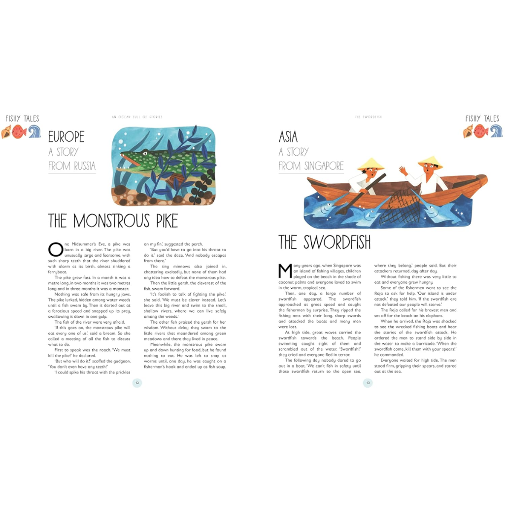 Page from a book or magazine with illustrations of a pike and swordfish, and text about their stories.