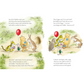 Illustrated book page with characters from Winnie the Pooh and friends in a garden setting.