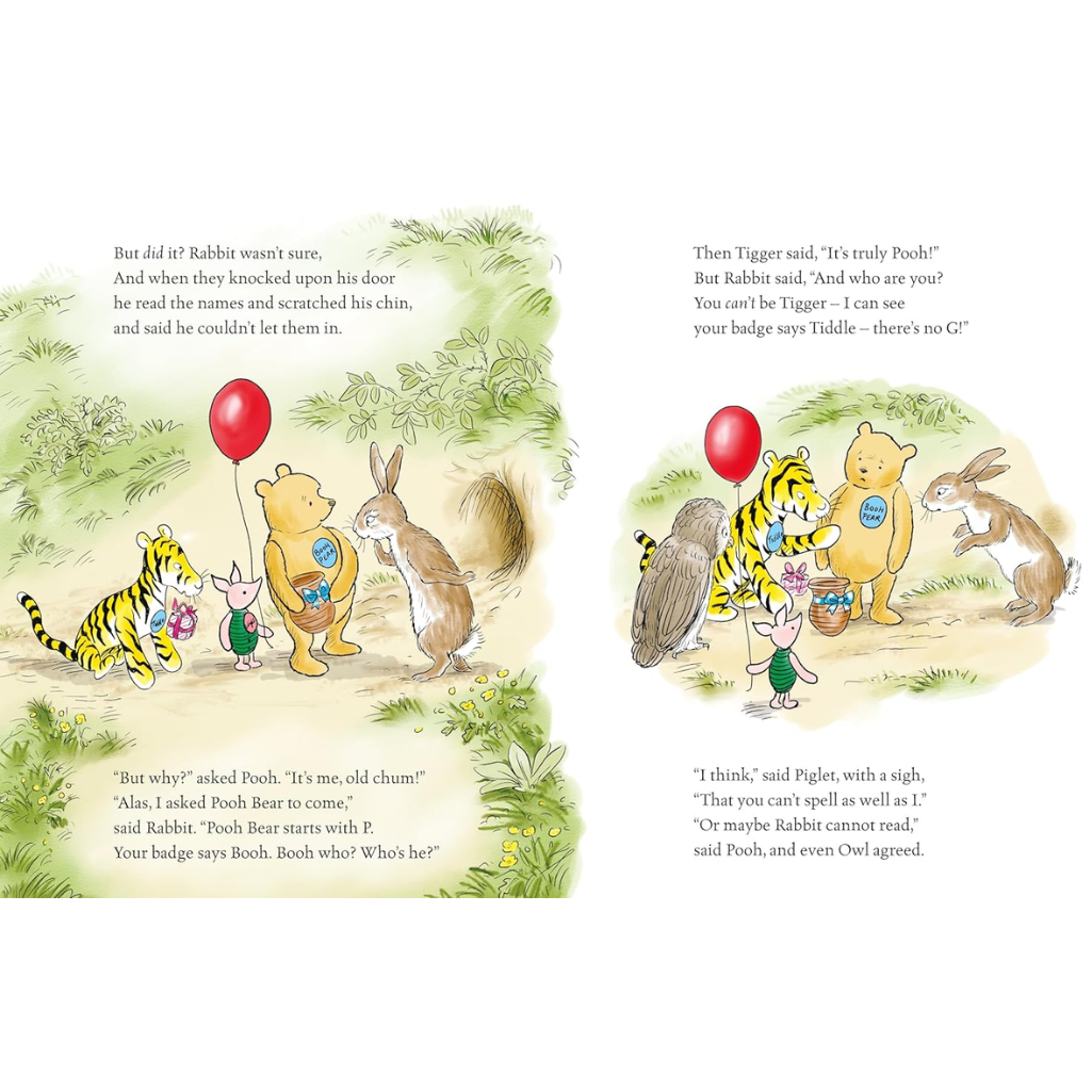 Illustrated book page with characters from Winnie the Pooh and friends in a garden setting.