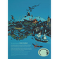 Illustrated poster with a blue background featuring a cityscape, ship, and various elements on a white border.