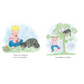 Illustration of a boy and cat in a garden with text 'There are things to eat in the garden, and things to climb.'