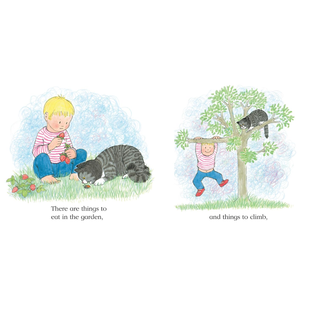 Illustration of a boy and cat in a garden with text 'There are things to eat in the garden, and things to climb.'