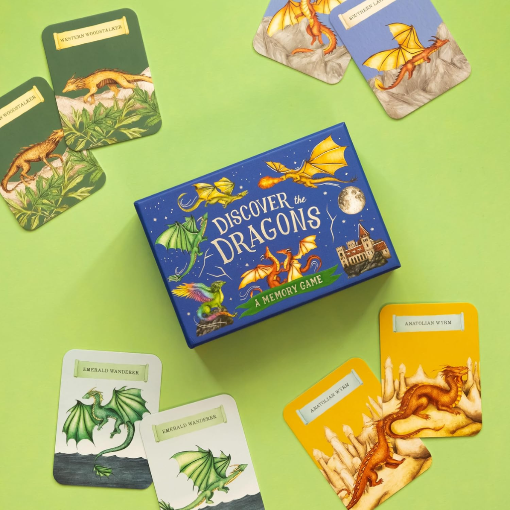 Memory game box with dragon-themed cards on a green background