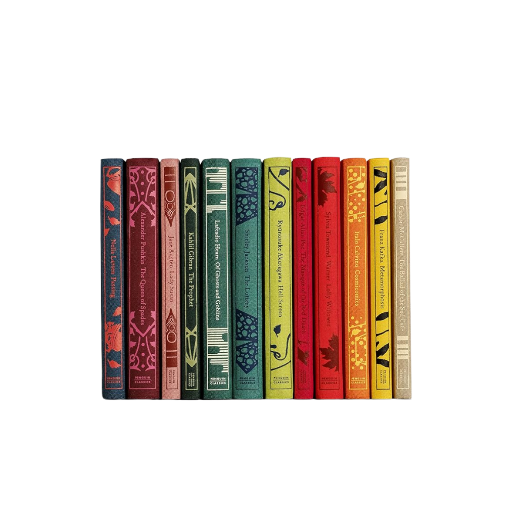 Row of books with colorful spines on a white background