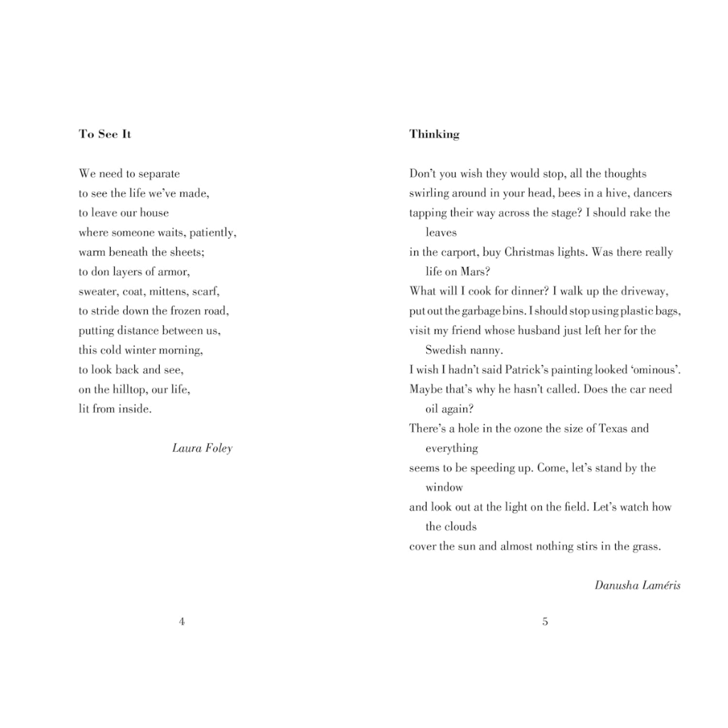 Two poems by Laura Foley and Danusha Jamté on a white background