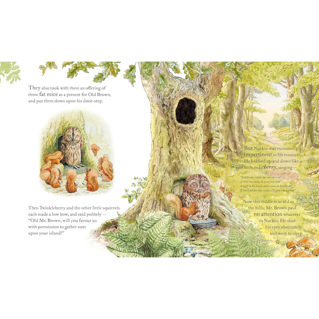 Illustrated book page with an owl and squirrels near a tree in a forest setting.