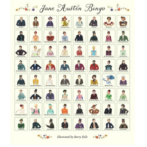 Jane Austen Bingo card with illustrated characters on a white background