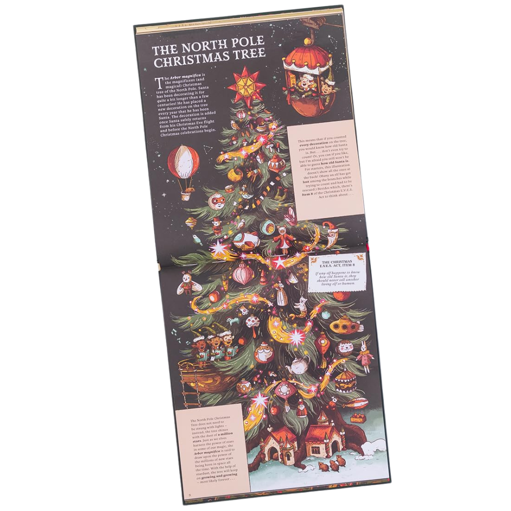 Decorative Christmas tree poster with festive elements on a white background