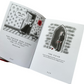 Open book with illustrations and text on a white background