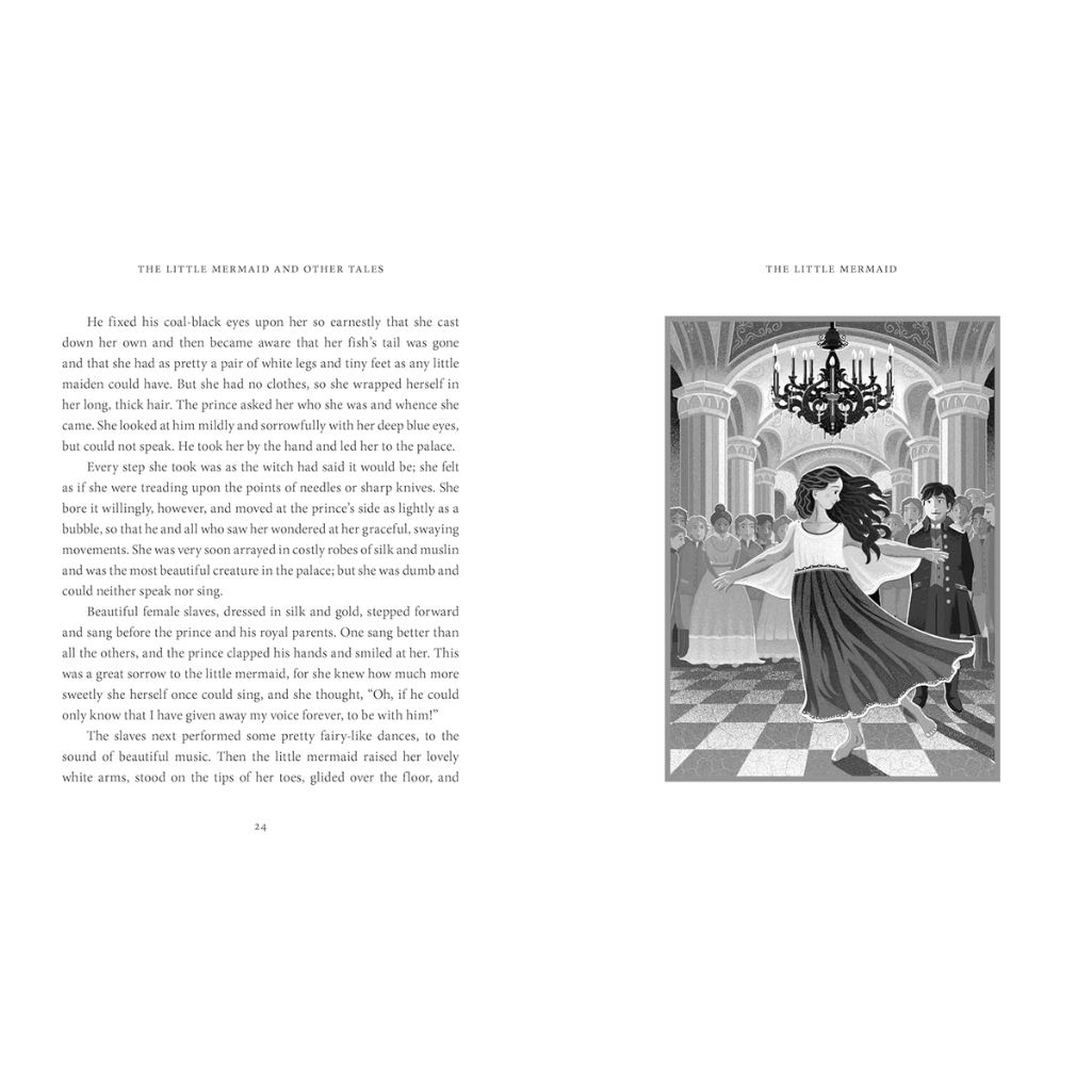 Illustrated page from a book with a ballerina and chandelier