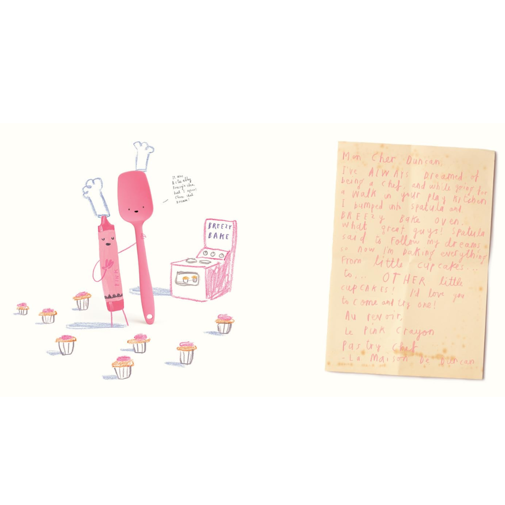 Illustration of a pink spatula character with a letter on a white background