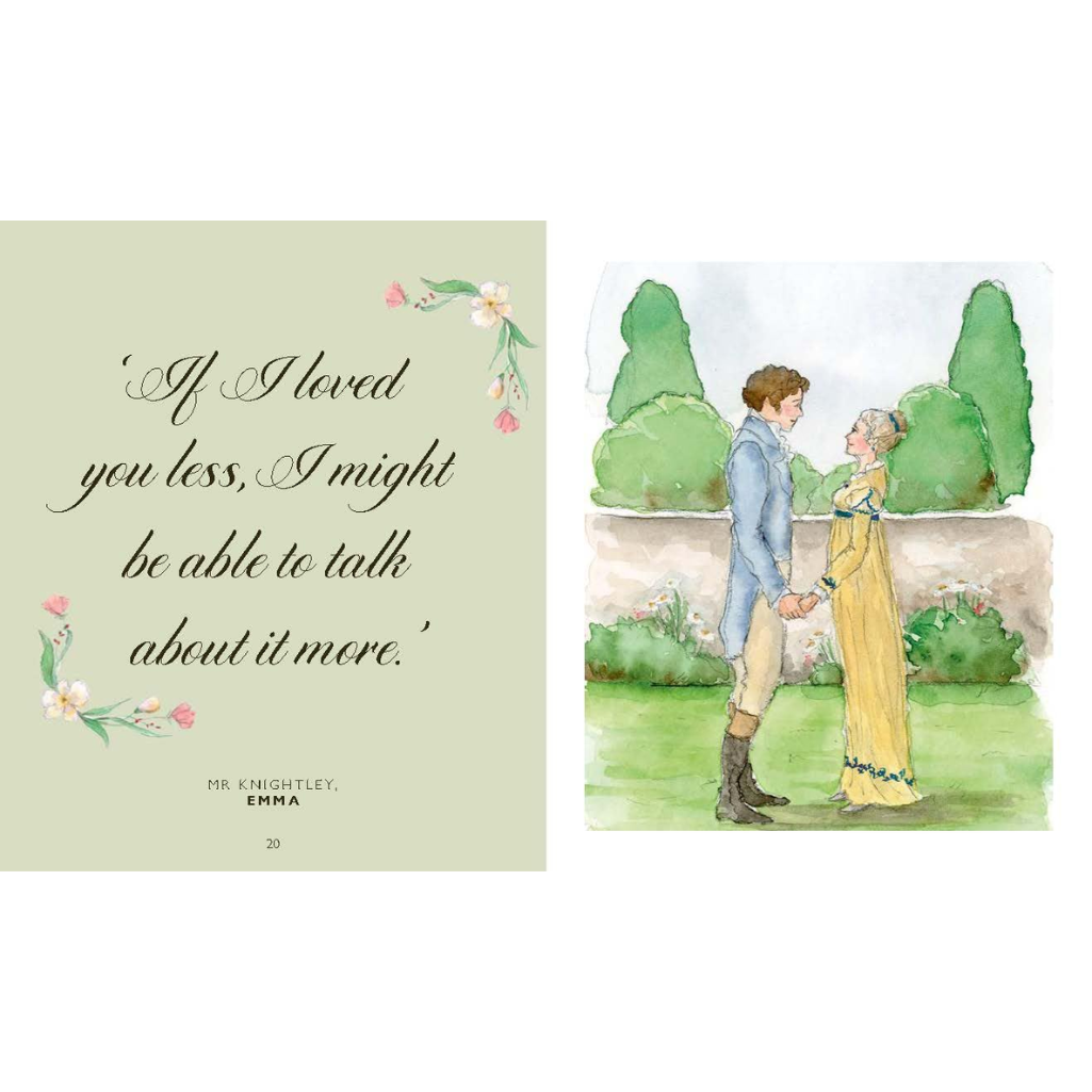 Illustration of a couple holding hands with a quote from 'Emma' by Jane Austen on a green background.