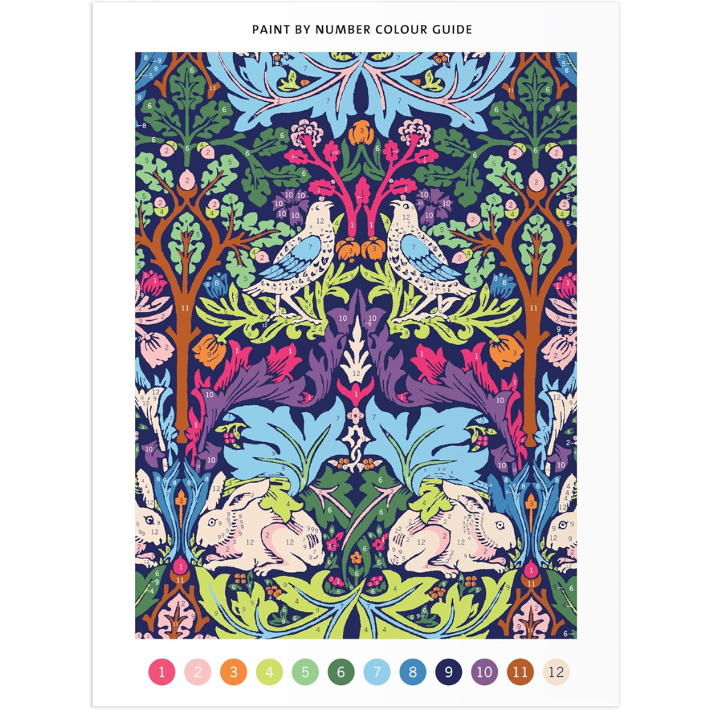 Color guide for a paint by number kit with birds and rabbits in a decorative pattern.