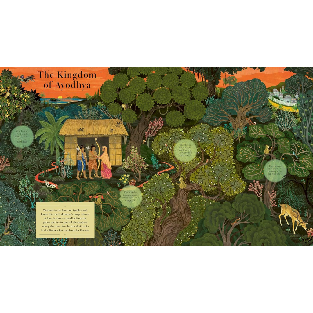 Illustrated scene of a village in a forest with people and animals, titled 'The Kingdom of Ayodhya'.