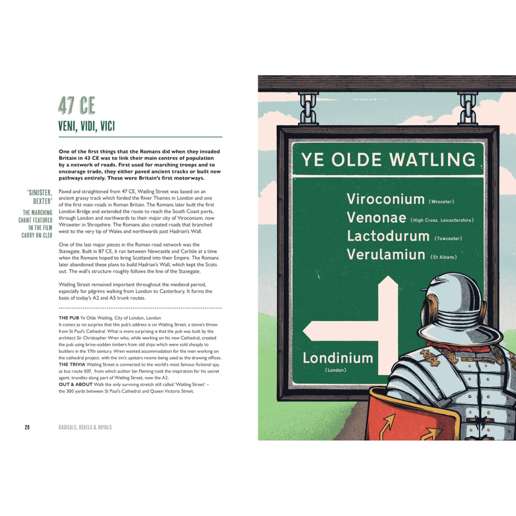 Illustration of a signpost with Roman text and a soldier figure, likely from a historical or educational book.