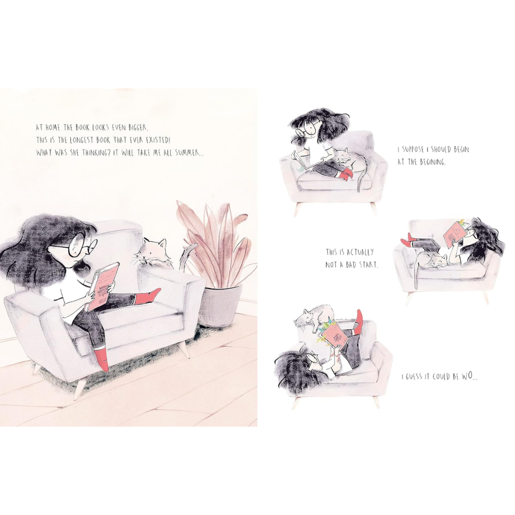 Illustrations of a woman reading a book in a living room with text bubbles.
