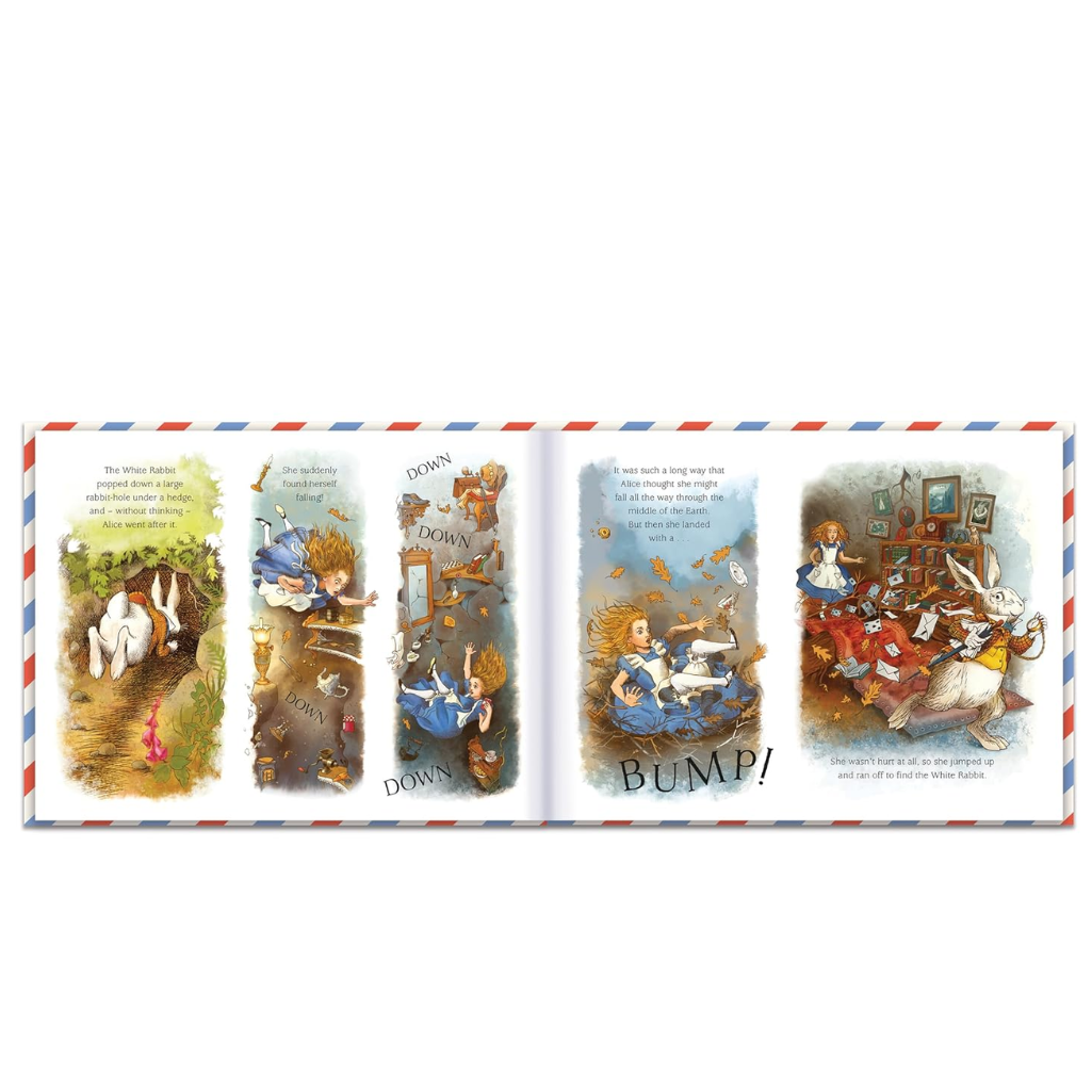 Illustrated book pages with colorful illustrations and text on a white background
