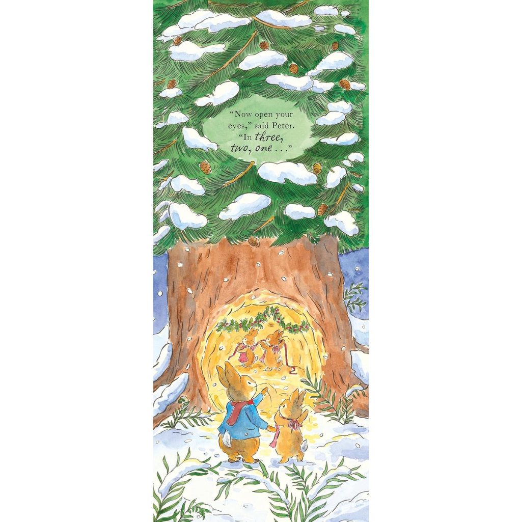 Illustration of two characters in a snowy forest with a glowing tree stump.