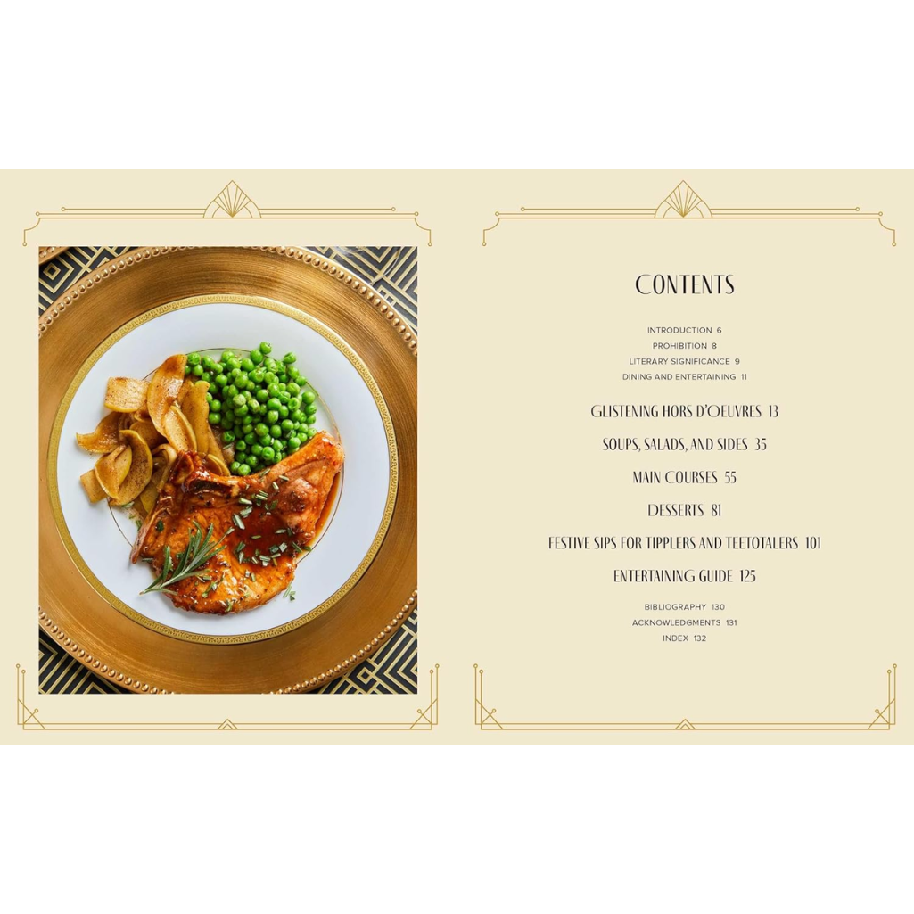 Menu with a plate of food and a table of contents on a beige background