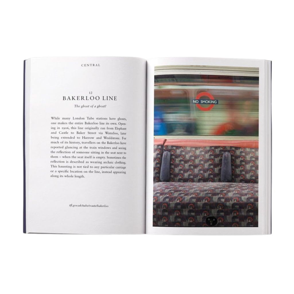 Open book with text and a photograph of a train interior on the Bakerloo Line.