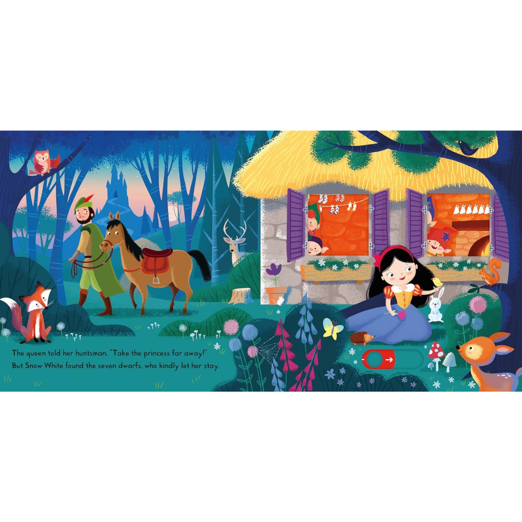 Illustration of a fairy tale scene with a princess, prince, and animals in a forest setting.