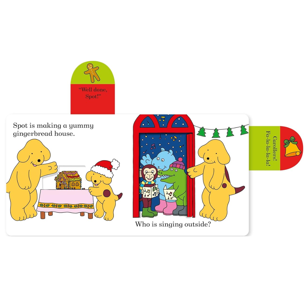 Illustration of a children's book page with cartoon dogs and a gingerbread house.