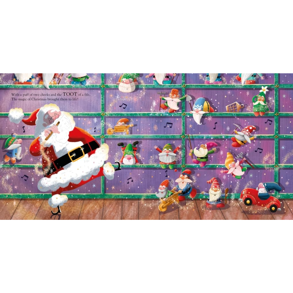 Christmas-themed advent calendar with Santa Claus and elves on a wooden floor.