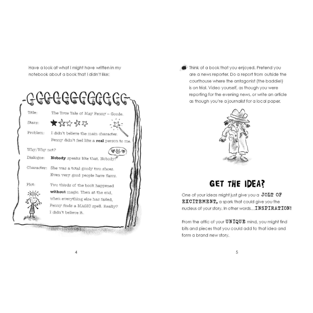 Pages from a book with writing prompts and illustrations on a white background