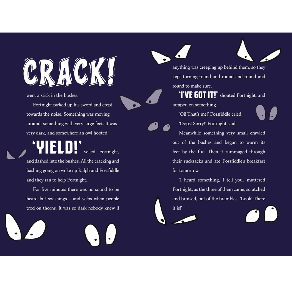 Text and illustrations from a children's book with a dark blue background