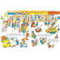 Illustration of cartoon characters in a busy street scene with various activities.