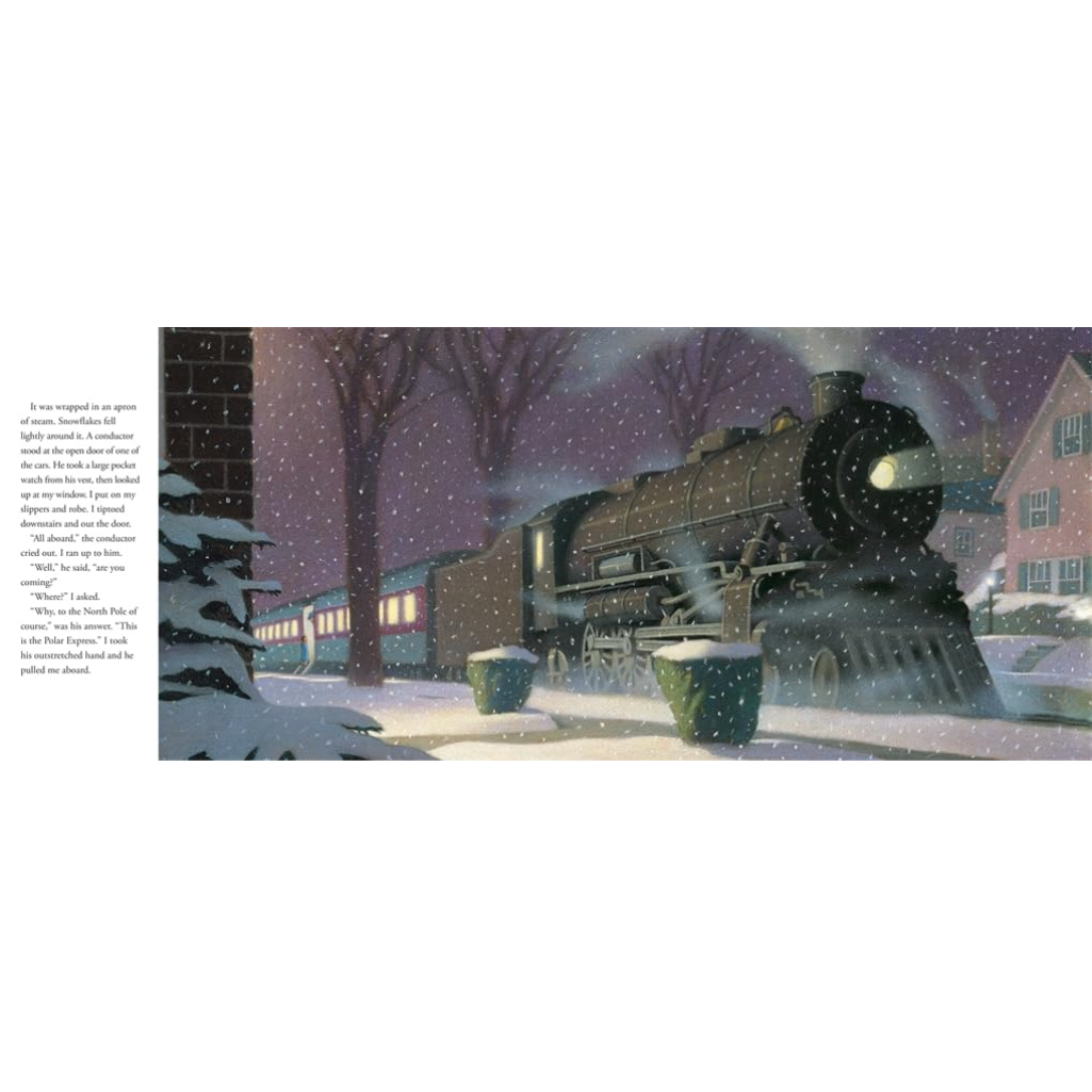 Illustration of a steam train in a snowy landscape with houses and trees.