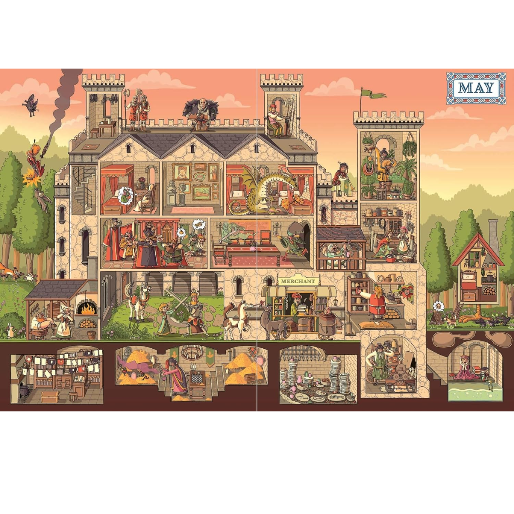 Illustrated calendar with a detailed castle scene on a pink background