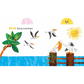 Illustration of pelicans by water with palm tree, sun, and birds flying overhead.