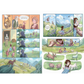Comic strip with panels showing characters in a fantasy setting with mountains and animals.
