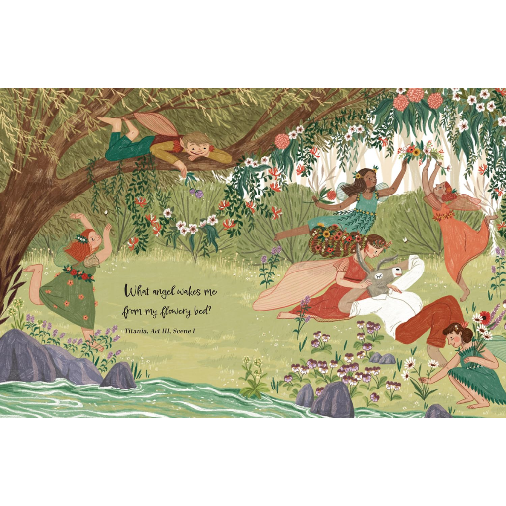 Illustration of fairies in a forest with flowers and foliage.