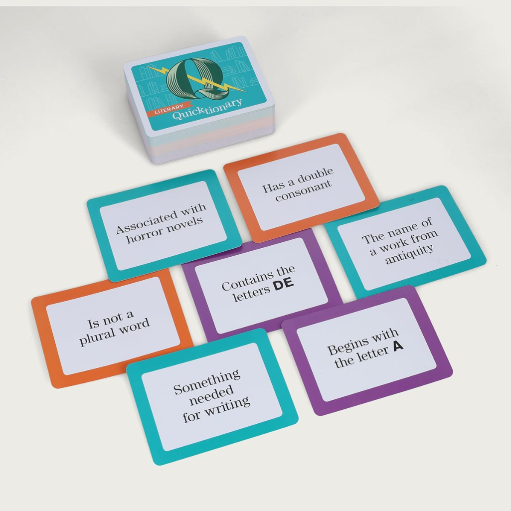 Educational card game with question cards and a storage box on a white background