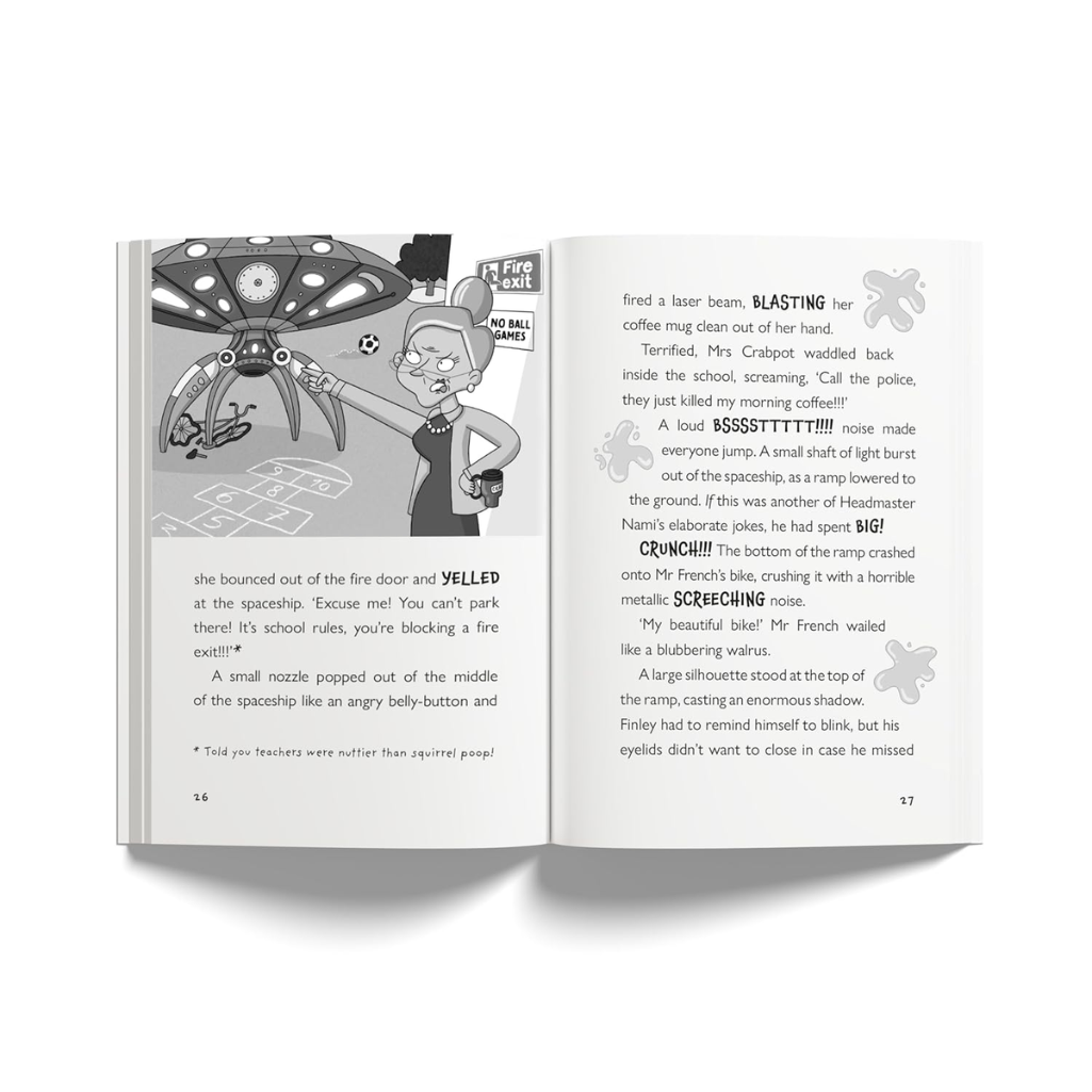 Open book showing a cartoon page with a spaceship and text.