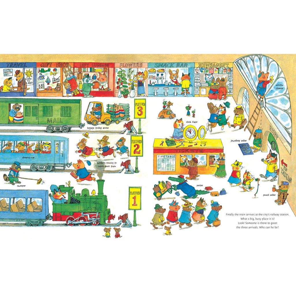 Illustration of a train station with various cartoon characters and scenes.