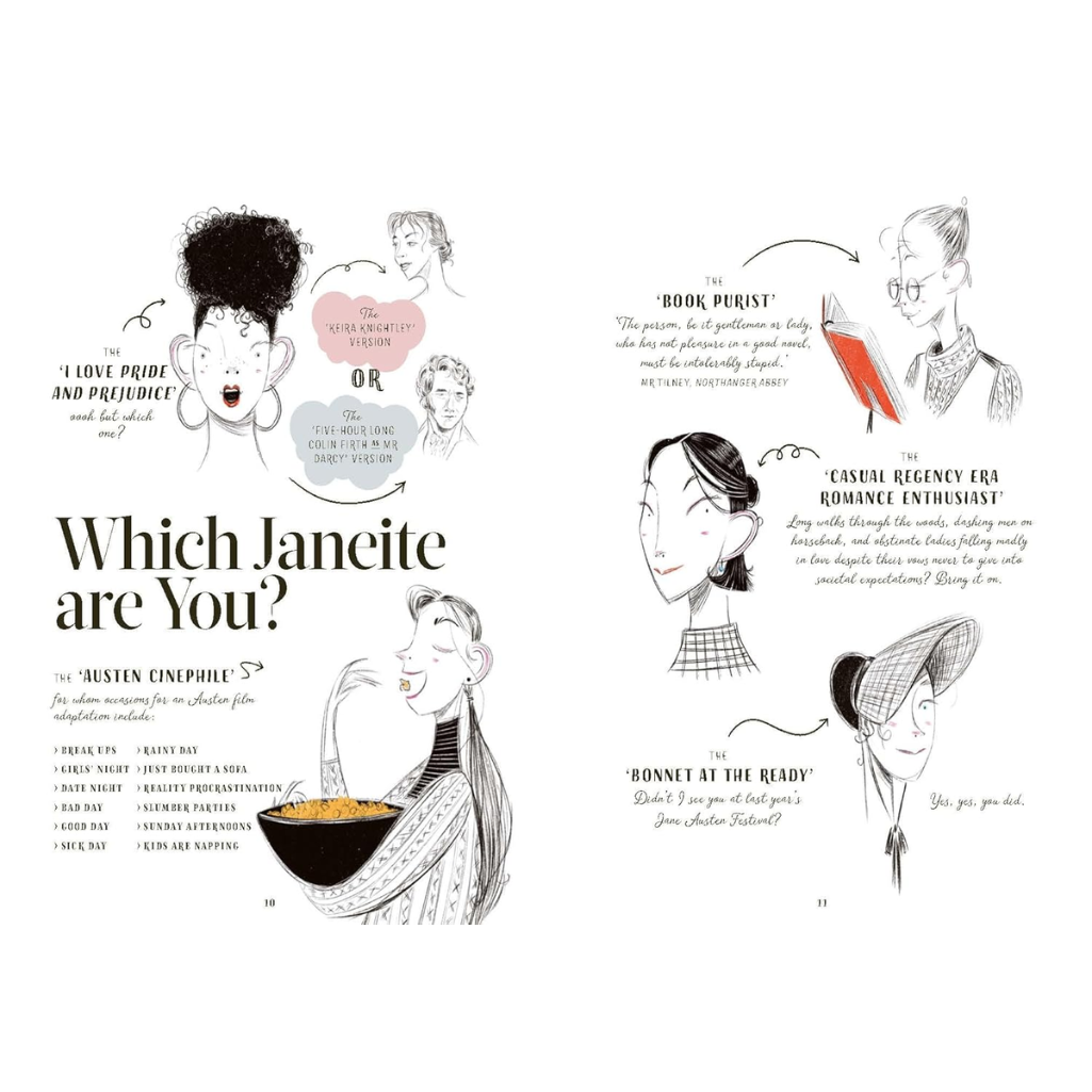 Illustrations of different Jane Austen character types with text labels on a white background.
